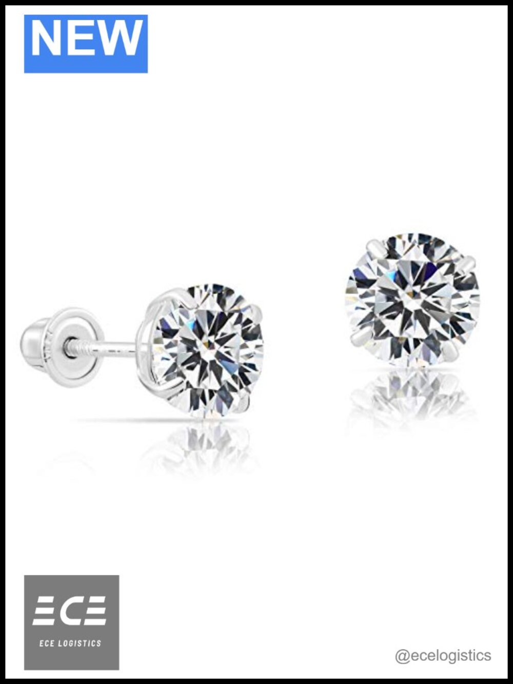 10k White Gold Round Cubic Zirconia Stud Earrings Screw Back